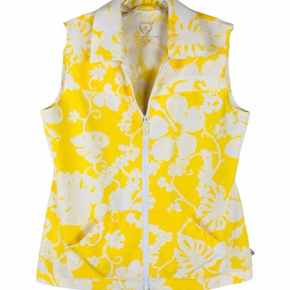 Chico’s Zenergy Zip-Up Vest / Yellow Tropical Floral full zip pockets vest Size1
